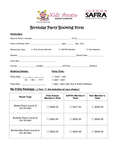 Fillable Online Safra Birthday Party Booking Form Safrasg Fax Email