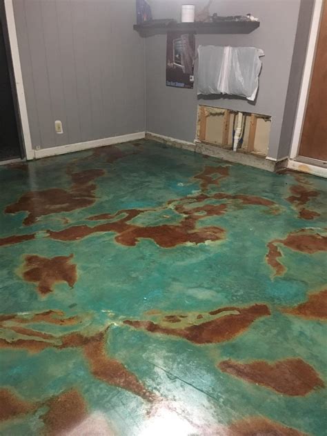 Turquoise And Mahogany Acid Stain Concrete Not Bad For First Time R