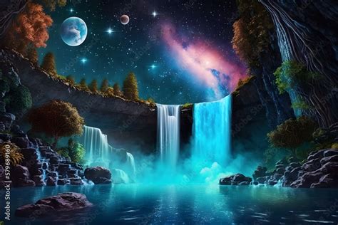 Fantasy Beautiful Futuristic Landscape With A Waterfall Neural Network