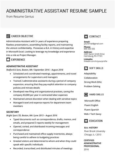 Personal assistant resume sample inspires you with ideas and examples of what do you put in the objective, skills, responsibilities and duties. Administrative Assistant Resume Example & Writing Tips ...