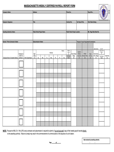 Massachusetts Weekly Certified Payroll Form Fill Online Printable
