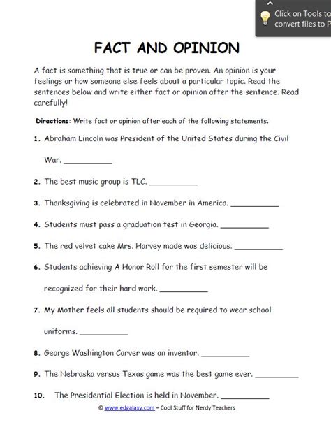 Sample Facts And Opinion Worksheets