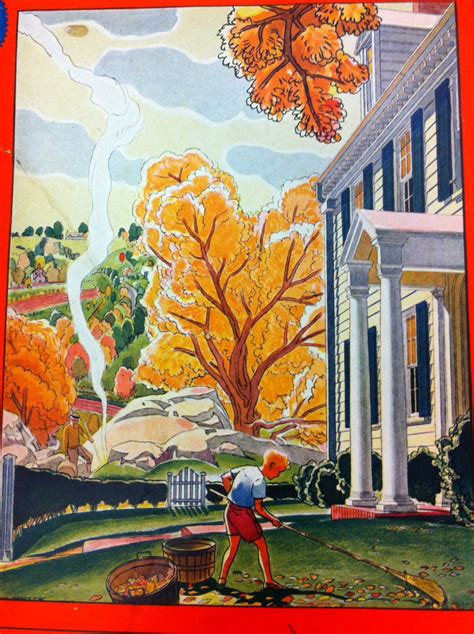 American Home Vintage Magazine Cover Illustration Fall Leaves Raking