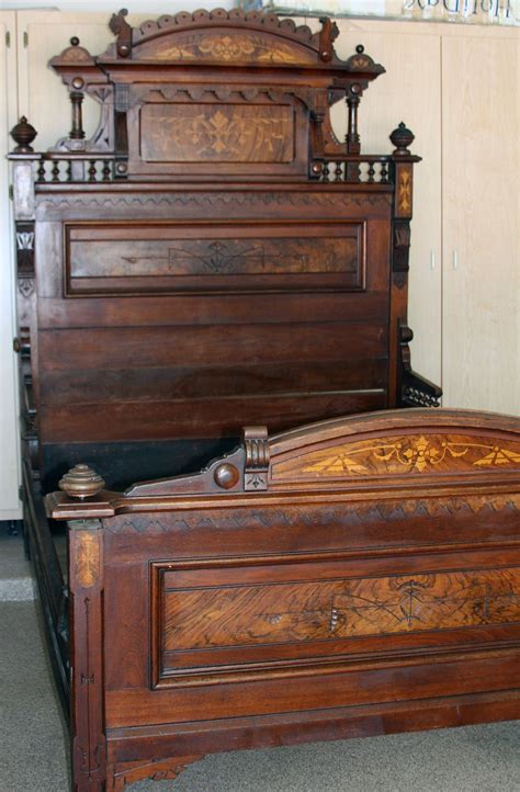 Antique Bed Eastlake Style Walnut Wburl Inlays 1800s Wvanity Dresser