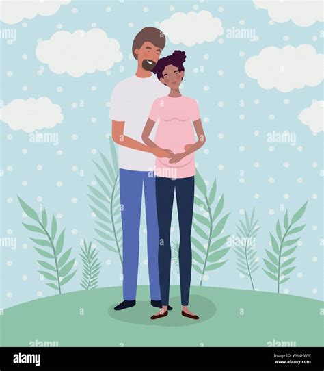 Interracial Lovers Couple Pregnancy Characters In The Landscape Stock