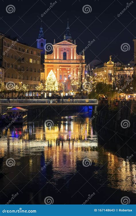 View Of Old City Center Of Ljubljana Decorated With Christmas Lights At