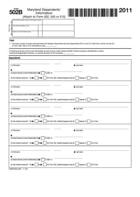 Fillable Form 502b Maryland Dependents Information 2011 Printable
