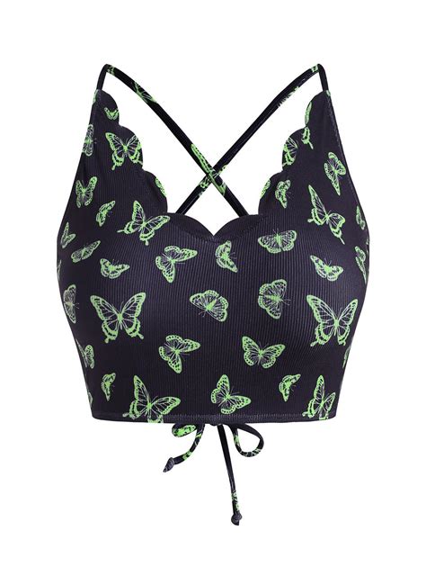 Zaful Bikini Plus Size Ribbed Butterfly Print Scalloped Lace Up Bikini Top Xl In Black Lyst