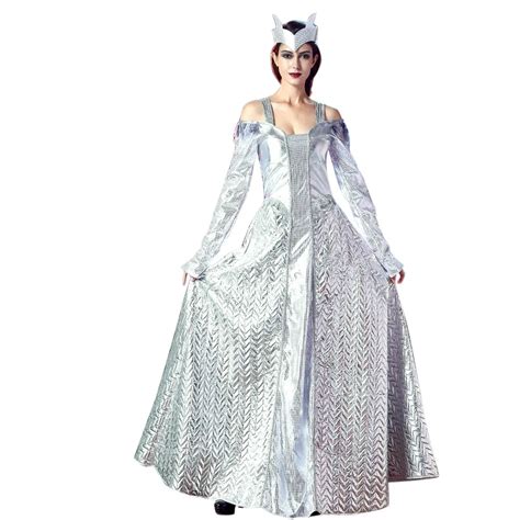 Wendywu New Design Sexy Women Halloween Queen Costumes Solid Silver Long Sleeve Long Dress