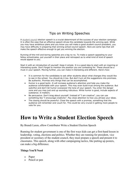 Example Of Campaign Speech For Student Council How To Write A Student