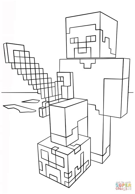 Minecraft Steve With Diamond Sword Coloring Page Free Printable