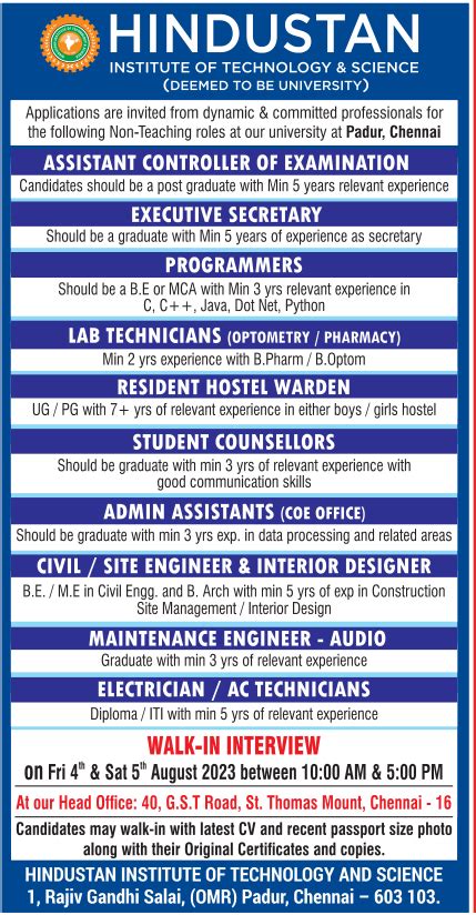 hindustan institute of technology and science chennai wanted non teaching faculty facultyplus