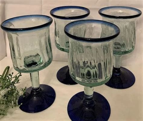 vintage hand blown mexican wine glasses cobalt blue rim with ribbed swirl design set of four