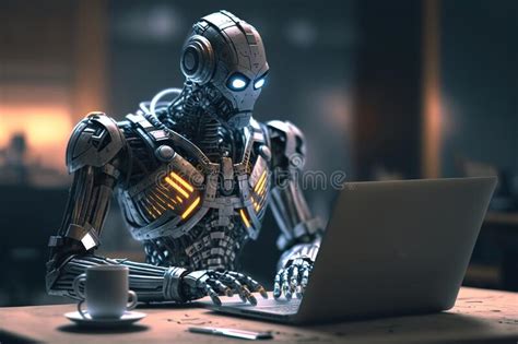 Robot Works At Laptop In The Office Interior Generative Ai Stock