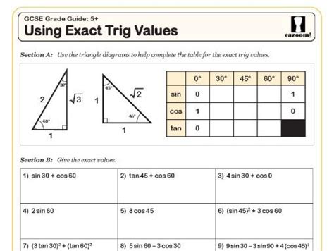 Using Exact Trig Values Teaching Resources