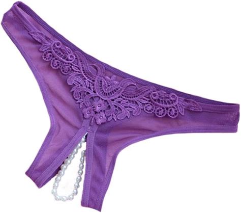 Dou7ble Li Womens Sexy Crotchless Pearl Thong G String Underwear Purple