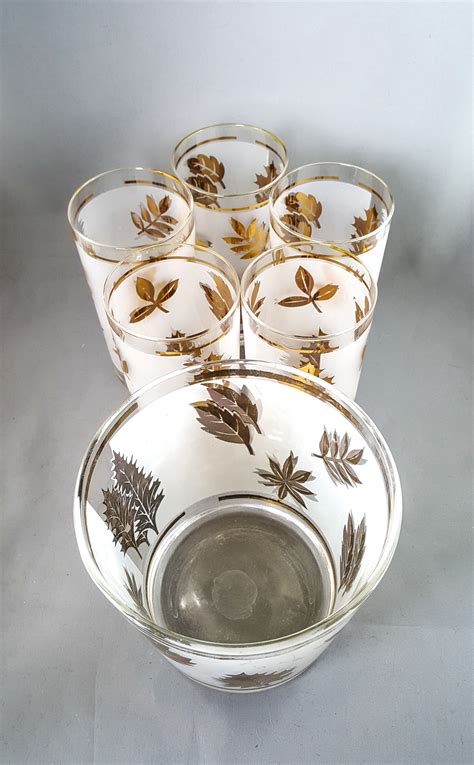 Vintage Libbey Glasses Gold Leaf Foil Frosted Leaf Motif Retro