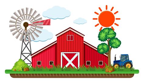Scene With Red Barn And Blue Tractor 605993 Vector Art At Vecteezy