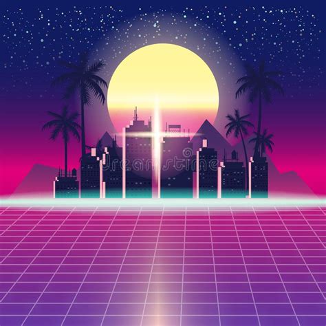 Synthwave Retro Futuristic Landscape With City Palms Sun Stars And