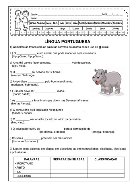 👍ortografia H Inicial Atividade De Língua Portuguesa Para Trabalhar
