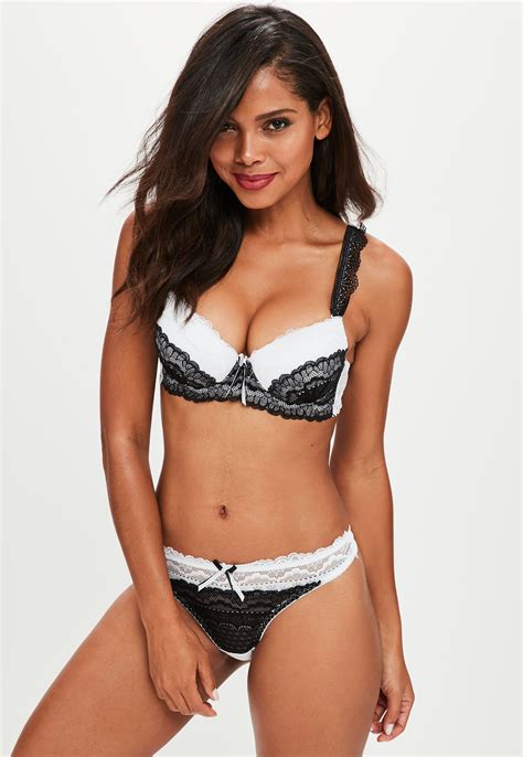 Lyst Missguided White Two Tone Lace Push Up Bra And Thong Set In White