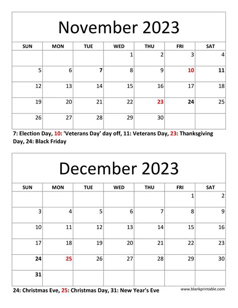 November December 2023 Calendar Printable Pdf Notes Holidays Usa