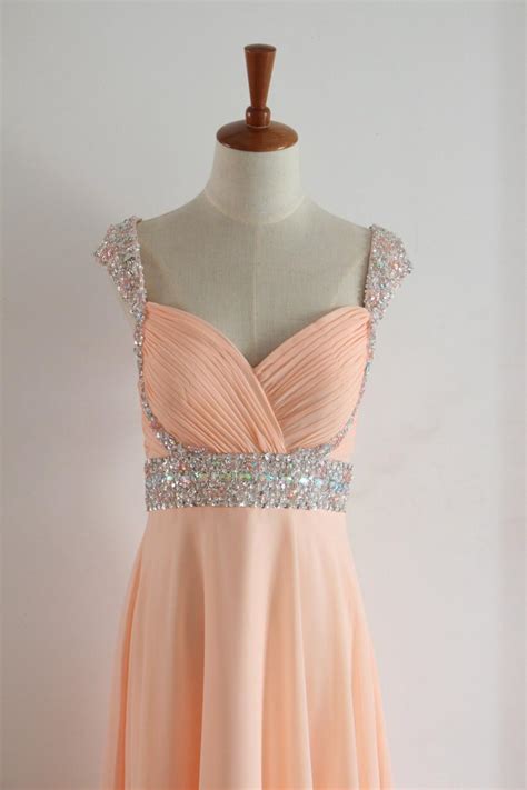 Peach Floor Length Beading Prom Dress With Straps Bling Long Chiffon