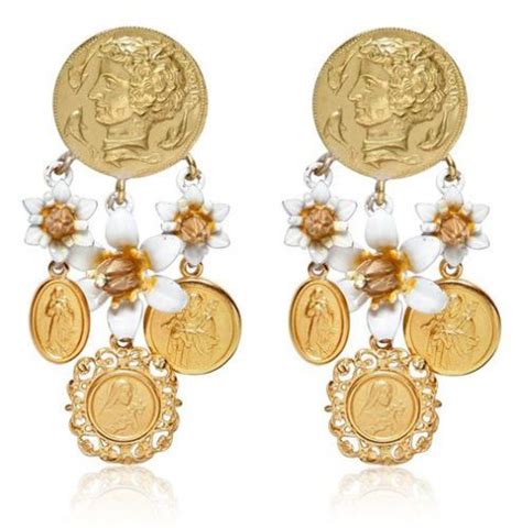 Dolce And Gabbana Roman Coins Cherry Blossom Gold Plated Clip Earrings