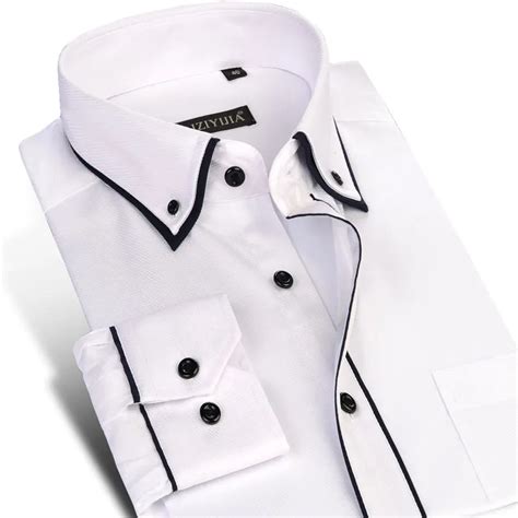 White Solid Color Twill Button Down Double Layer Collar Formal Men