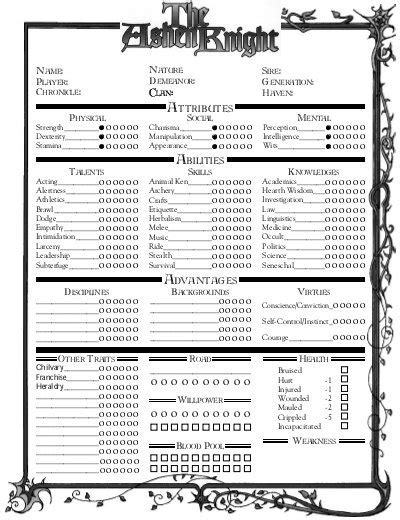 Character Sheet Vampire Dark Ages Csxeno