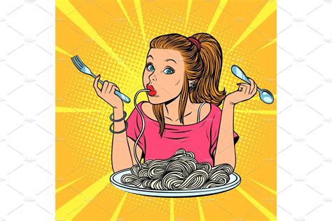 Woman Eating Spaghetti Retro Vector Illustration Retro Vector