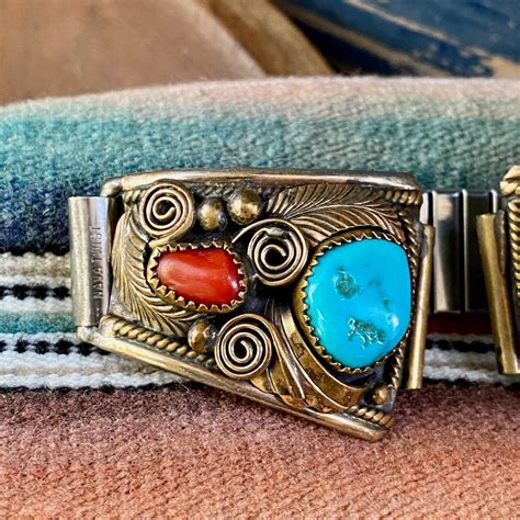 Navajo Gold Sterling Silver Turquoise Watch Band Vintage Turquoise