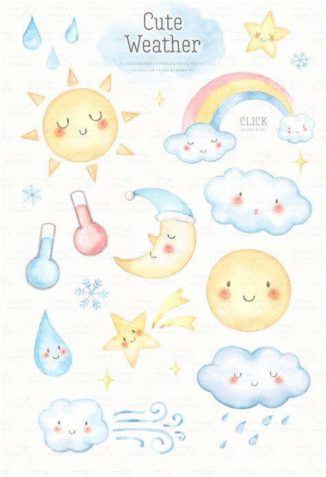 Cute Weather Watercolor Clip Arts Sun Moon Star Baby Etsy