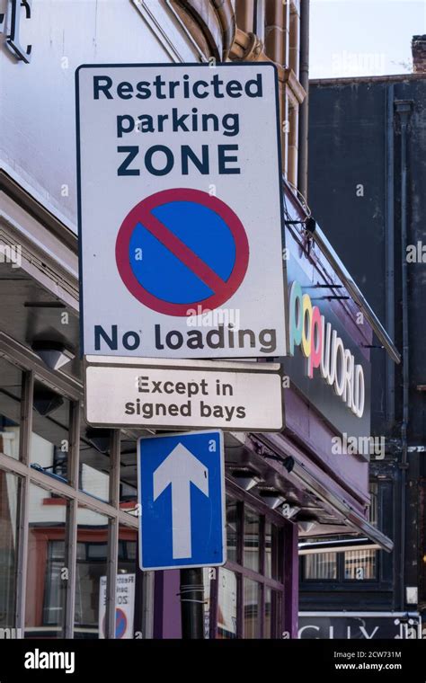 Restricted Parking Zone Sign In Town Centre In Bolton Lancashire July