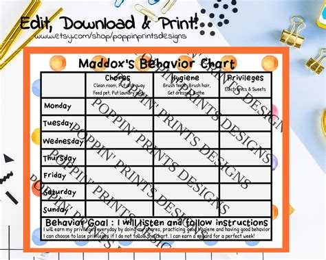 Weekly Behavior Chart Chore Chart Printable Chore Chart | Etsy | Behaviour chart, Printable 
