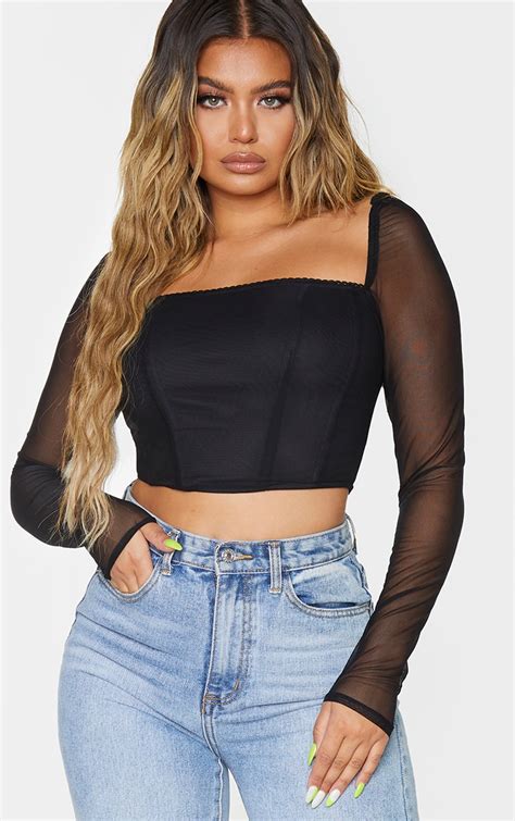 Black Sheer Mesh Structured Crop Top Tops Prettylittlething Ca