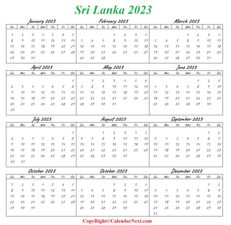 Printable Sri Lanka 2023 Calendar Template With Holidays