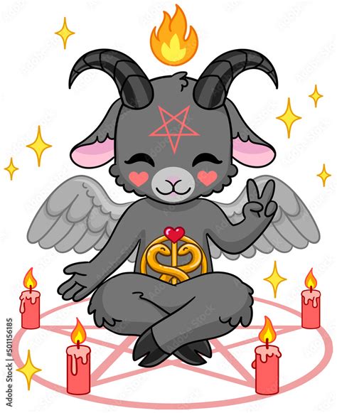 Baphomet With Pentagram And Candles Goat As Occult Satanic Symbol Isolated Vector Outline For