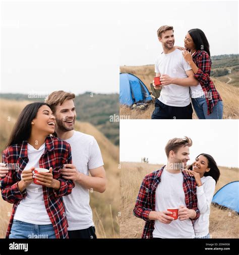 Collage Of Cheerful Interracial Couple With Cup Hugging With Tent On