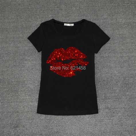 New Arrival 2018 Womens Cotton Sexy Red Lips Rhinestones Sequins T