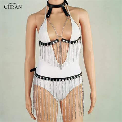 Chran Leather Bra Top Bralette Harness Bondage Chain Tassel Skirt Necklace Edm Festival Jewelry