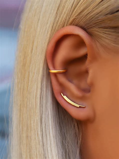 Gold Ear Climbers Simple Earrings Line Ear Crawlers Ear Etsy