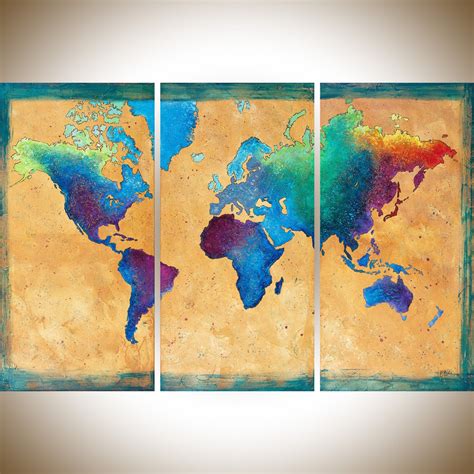 Map Painting Vintage World Map Set Of 3 Wall Art Hand Painted