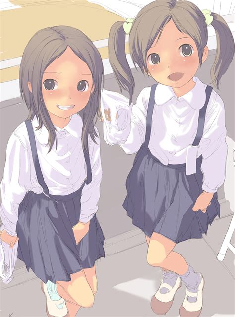 kikurage crayon arts highres 2girls blush flat chest holding holding clothes holding