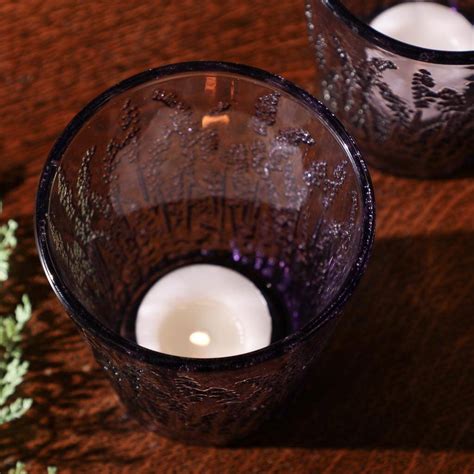 Two Embossed Heather Purple Glass Tea Light Holders By Dibor