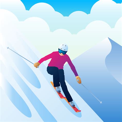 Young Sportsman Skier On Skis From A Mountain In The Background Vector