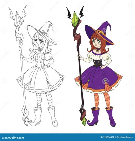 Beautiful Anime Witch Holding Big Staff Hand Drawn Vector Illustration