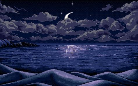 Wallpaper Landscape Mountains Digital Art Sea Night Pixel Art