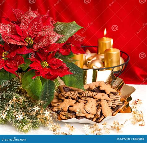 Advent Decoration Red Flower And Christmas Cookies Stock Photo Image