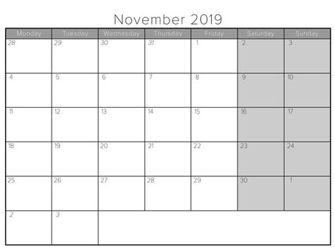 Blank Calendar November 2019 With Notes 2019 Calendar Daily Calendar